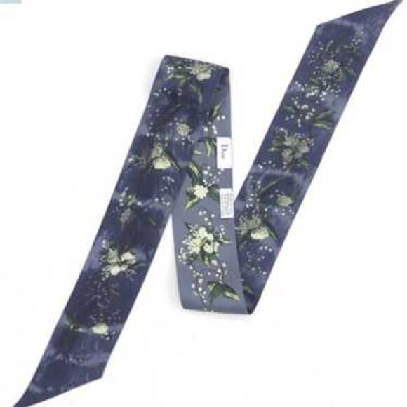Christian Dior Mitzah Gray Floral Blue Silk Scarf Twilly - Picture 3 of 10